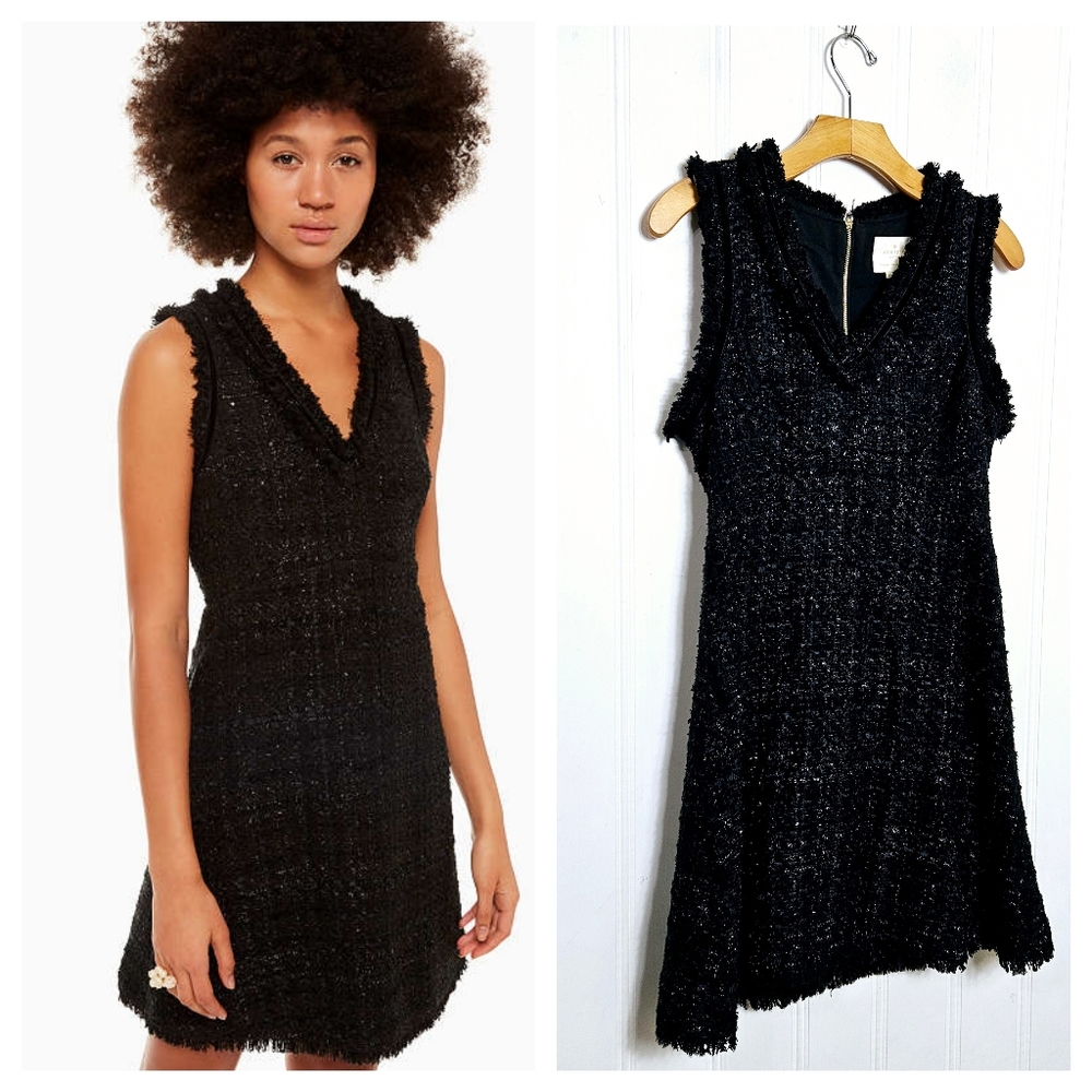 Kate Spade New York Dress Size 4 Sparkle Tweed Fit Flare Fringe V Neck LBD Black